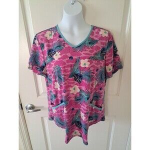 Jurassic World Woman's Scrub Top Size Large Purple Island Floral Palm Pockets